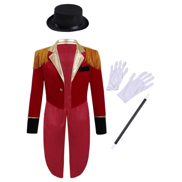renvena Kids Boys Halloween Cosplay Circus Magic Show Costume Jacket Tailcoat with Hat Magic Wand Gloves Set Red 8