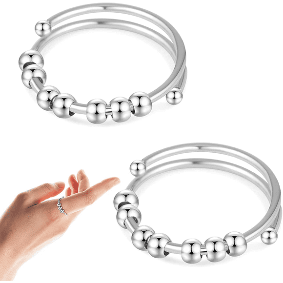 2 Pcs Anti Anxiety Rings for Women and Men,Adjustable Fidget Ring with Beads Meditation Stress Worry Relief Rings