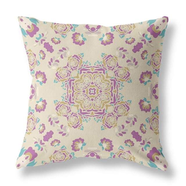 Couronne de Roses Coussin en Tissu Intérieur/extérieur avec Fermeture Éclair Blanc Cassé Violet 18x18
