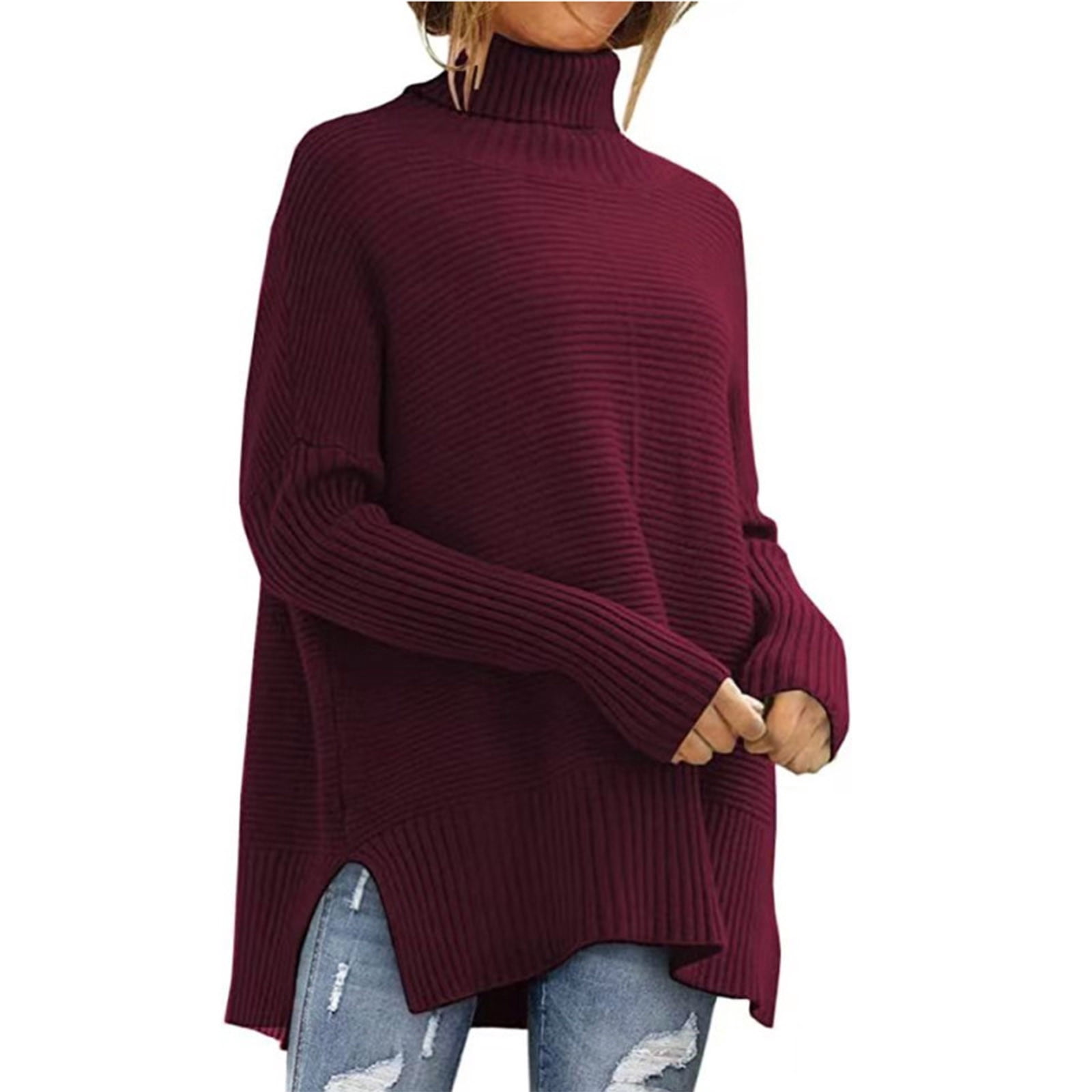 Dagegui Women's Oversized Turtleneck Sweaters Fall Drop Shoulder Long Sleeve Ribbed Knit Tunic Pullover Tops Wine,S