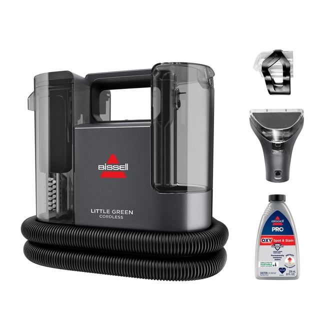 BISSELL® Little Green® Cordless Portable Carpet Cleaner in matte black with transparent water tanks and coiled black hose, including 4-inch tough stain tool, HydroRinse™ self-cleaning hose tool, and 236 ml BISSELL PRO OXY Spot & Stain formula, designed for cordless deep cleaning of carpets, upholstery, and hard-to-reach spots.