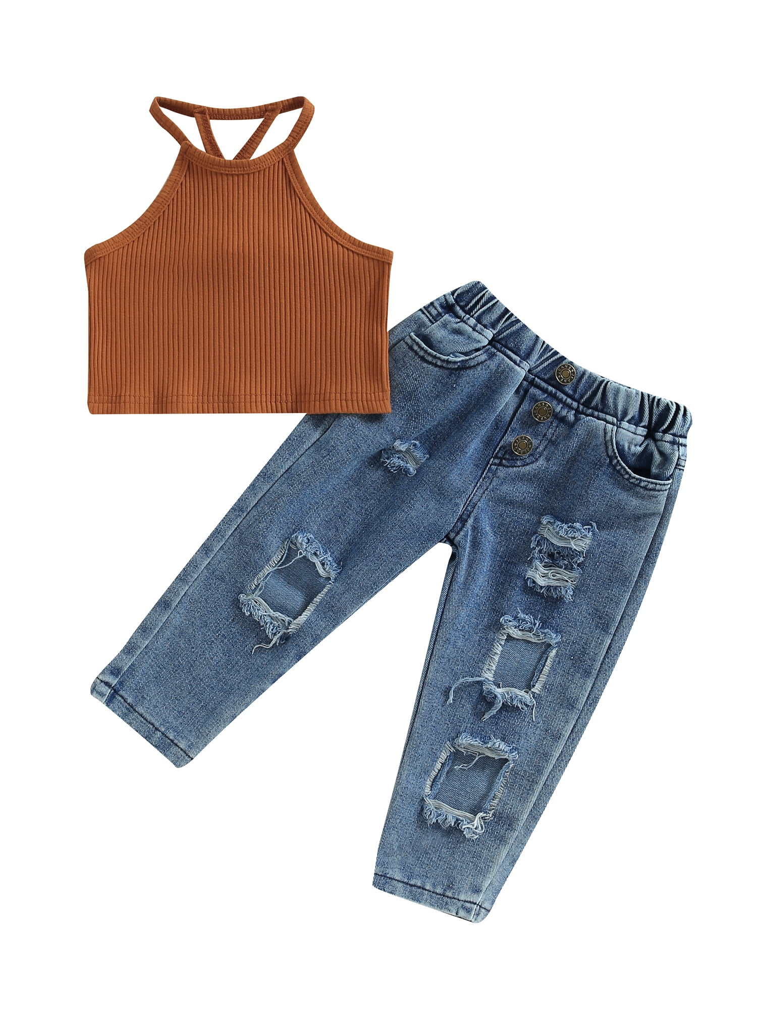 Faithtur Kids Girls Pants Set, Sleeveless Camisole with Elastic Waist Ripped Jeans Summer Outfit