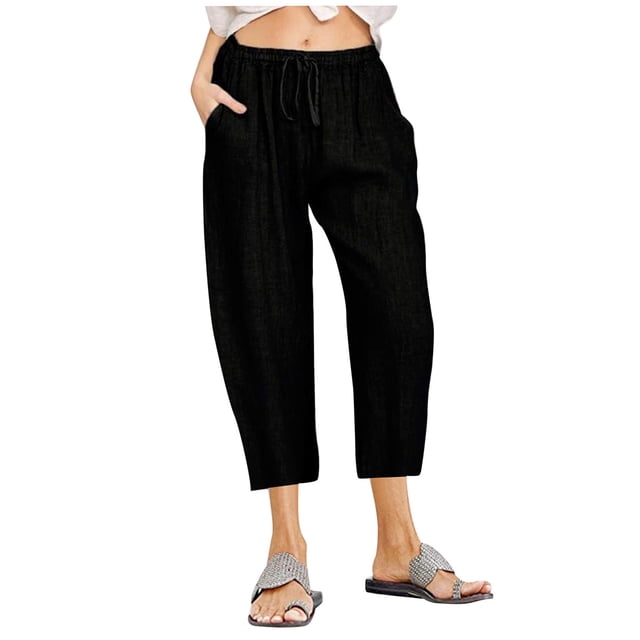 Timegard Capri Shorts for Women Cotton Linen Elastic Waisted Drawstring Lounge 3/4 Shorts with Pockets