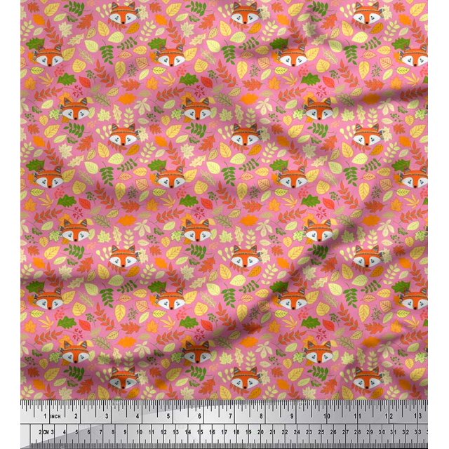 Soimoi Velvet Fabric Leaves & Fox Face Cartoon Printed Fabric 1 Yard 58 Inch Wide
