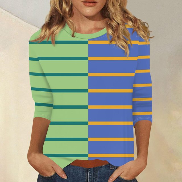 RXIRUCGD T-shirt à Rayures pour Femme à Col Ras du Cou à Manches 3/4, Vert, Taille : L