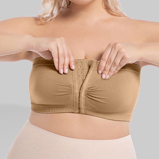 Versatile Front Closure Strapless Bra for Everyday Comfort and Casual Wear shown in a tan color. This women's strapless bra features a front hook-and-eye closure for easy wear, offering support and a smooth fit under clothing. Made from nylon and spandex, it is ideal for pairing with various outfits and occasions, including casual and formal wear.