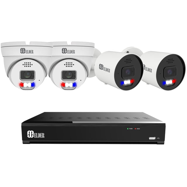 Elder AI Security Camera System 12MP NVR 8Ch PoE featuring 4 cameras, including dome and bullet designs, with 30FPS 4K resolution and dual-light technology for full-color night vision. Includes 3TB storage, Sony sensors, and AI features like face and license plate detection, motion detection, and perimeter intrusion alerts. Cameras are equipped with red-and-blue light deterrence, siren, and two-way audio. NDAA compliant and suitable for outdoor use with IP67 water rating.