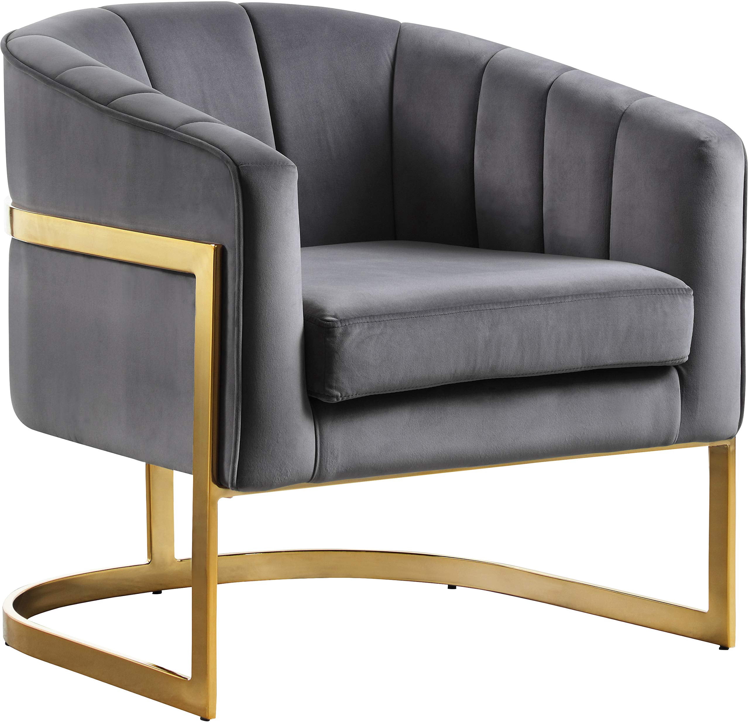Meridian Furniture Carter Collection Fauteuil d'Appoint Moderne / Contemporain Rembourré en Velours à Dossier Tonneau avec Base en Acier Inoxydable Doré, Gris, 29 Pouces L x 27.5 Pouces P x 31 Pouces H
