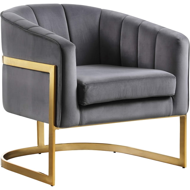 Meridian Furniture Carter Collection Fauteuil d'Appoint Moderne / Contemporain Rembourré en Velours à Dossier Tonneau avec Base en Acier Inoxydable Doré, Gris, 29 Pouces L x 27.5 Pouces P x 31 Pouces H