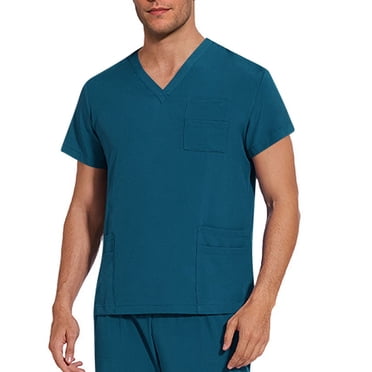 Bocqde Scrub Tops for Men Men's Solid Color Scrubs Tops Plus Size Short Sleeve V Neck Working Nurse Unifrom with Pockets