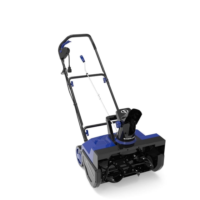 Snow Joe 22 inch, 14.5 amp Electric Snow Thrower in black and blue with a 22-inch wide rubber-tipped steel blade auger clearing 13 inches deep, 180º adjustable chute crank for directional snow throw, ergonomic handle with trigger control, suitable for clearing mid-to-large driveways and decks.