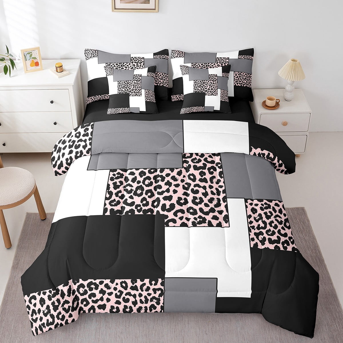 YST Ensemble de Douillette à Rayures 7 Pcs pour Garçons, Ensembles de Literie Imprimés Léopard Abstrait, Lit Moderne Carré Tout-en-un, Ensembles de Lit Géométriques Noirs Réversibles avec Ensemble de Draps Doux, Simple
