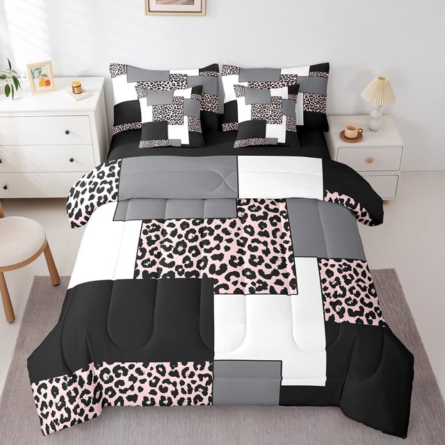 YST Ensemble de Douillette à Rayures 7 Pcs pour Garçons, Ensembles de Literie Imprimés Léopard Abstrait, Lit Moderne Carré Tout-en-un, Ensembles de Lit Géométriques Noirs Réversibles avec Ensemble de Draps Doux, Simple