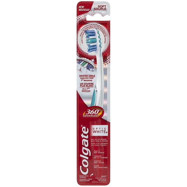 Colgate 360 Brosse à Dents Optique Avancée Blanche, Souple, Présentée en Emballage Rouge et Blanc avec une Fenêtre Claire Affichant la Tête de Brosse à Dents avec des Poils de Polissage en Spirale et un design à Soies multi-action, Comprenant un Nettoyant pour Joues et Langue pour Aider à Enlever les Bactéries des Dents, de la Langue, des Joues et des Gencives.