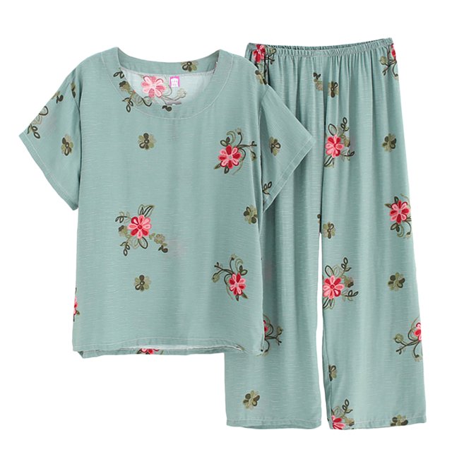 Coofit Ensemble de Pyjama pour Femmes 2 Pcs, Pyjama de Nuit à Manches Courtes à Motif Floral, Haut d'Été avec Pantalon