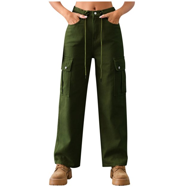 TJAZFJPA Plus Size Cargo Pants for Women Women Solid Color Denim Drawstring Adjustable Washed Cargo Pants Casual Pants Womens Slacks Petite Casual Straight Leg Pants Woman