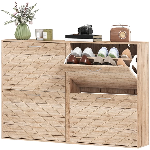 CoSoTower Shoe Storage Cabinet with 3 Flip Drawers, Narrow and Slim, 12 Pair of Shoes Organizer for Hallway, Entryway, Oak