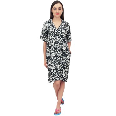 Bimba Floral Print Black Women Sleepshirt Notched Collar Sleepwear Nightshirt - 10