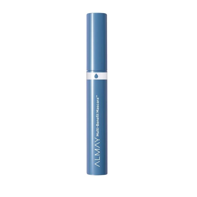 Almay Multi-Benefit Mascara, Keratin Infused, in a blue tube with white text and a water droplet icon, providing volume, length, definition, and conditioning in a hypoallergenic formula suitable for sensitive eyes and contact lens wearers.