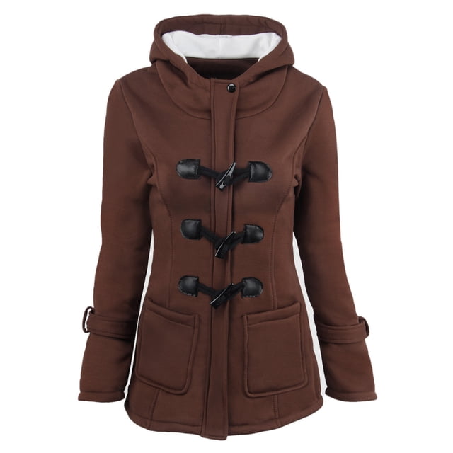 Fiogavroetic Women Color Horn Buttons Cardigan Padded Hooded Coat Jacket Overcoat