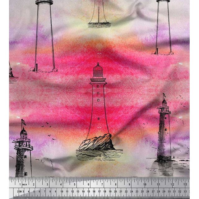 Soimoi Poly Georgette Fabric Lighthouse Nautical Printed Fabric 1 Yard 42 Inch Wide