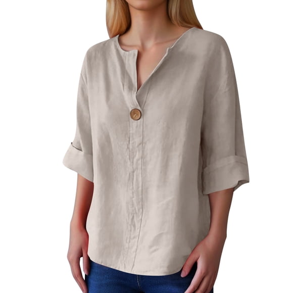 GPOECD Chemises pour Femmes Grande Taille Col en V Boutonné Blouse à Manches Courtes Décontractée Coupe Ample Haut Confortable pour Femmes Hauts Décontractés pour Femmes Kaki,G