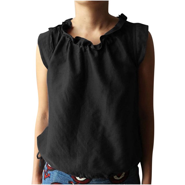 Yuyuzo Camisoles pour Femmes en Coton et Lin à Volants, Col Rond, Blouses à Cordon, Chic Décontracté, Chemises d'Été