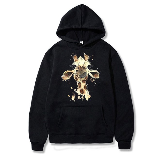 T-shirt à Manches Longues pour Femmes, Col Rond Décontracté, Chandail à Capuchon Ample à Imprimé Girafe en Noir. Présente un Imprimé Girafe Ludique à l'Avant, Manches Longues et une Coupe Décontractée avec une Poche avant. Fait de polyester, Convient pour l'Automne et l'Hiver, Tenue Décontractée.