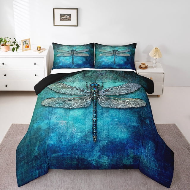 Erosebridal Blue Dragonfly Comforter Sets Queen Size,Ombre Gradient Bedding Queen Comforter Set,Animal Decor,Reversible,Breathable,3-Piece
