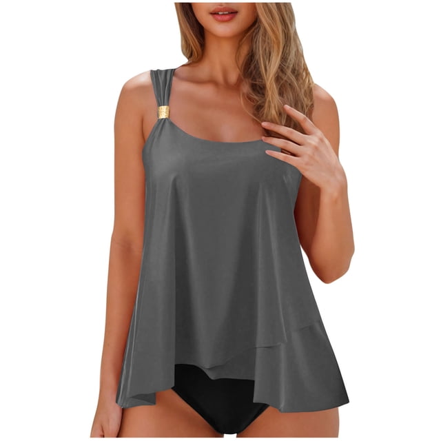 Flowy Ruffle Tankini Swimsuits for Women Beach Summer 2 Piece High Waist Bathing Suits Pool Modest Swimwear Gray, XL