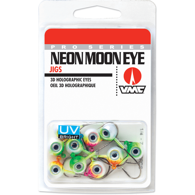 VMC Neon Moon Eye Jig UV Kit 1/4 Assorted 10 Pack front-facing close-up of ten 1/4 oz neon moon (aspirin-style) jig heads with black-nickel high-carbon hooks, UV-bright painted finishes and 3-D holographic eyes on a white background highlighting varied fluorescent colors, wider-profile illusion and visible UV sheen.