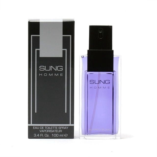 Sung Homme By Alfred Sung - Eau de Toilette Spray 100ml with a clear rectangular glass bottle holding light purple liquid and a black spray top, displayed beside a black and gray box featuring geometric lines and white text, offering a spicy citrus fragrance suitable for casual use.