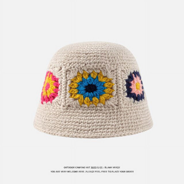 LinYooLi Female Handmade Flower Knitted Fisherman Hat Women Crochet Color Matching Bucket Cap Autumn Winter Ladies Warm Wool Panama Caps