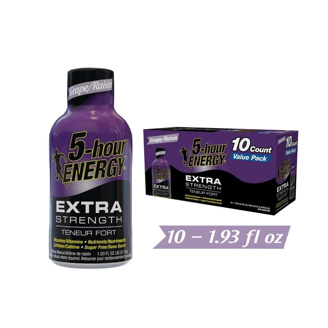 5 Hour Energy Extra Bouteille de Shooter Énergétique Fort au Raisin et Boîte d'Emballage Valeur de 10 Unités en Emballage Violet et Noir, Chaque 1,93 oz Liq, Sans Sucre avec Vitamines, Nutriments et Caféine pour un Regain d'Énergie Rapide en Déplacement.