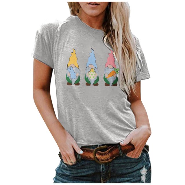 T-Shirts d'Été pour Femmes Grande Taille en Liquidation, Pâques, Col Rond, Imprimé Nain, T-shirt Haut à Manches Courtes, Blouse Décontractée Ample, T-shirt à Col en V pour Femmes en Liquidation