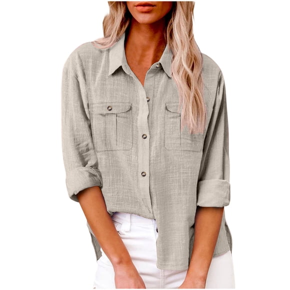 lcziwo Sales Today Clearance Women's Linen Shirts,Cotton Linen Button Down Shirts for Women Long Sleeve Collared Work Blouse Trendy Loose Fit Summer Tops with Pocket Khaki,XXL