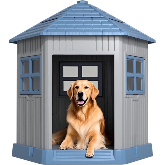 Durable Weatherproof Resin Dog House–Indoor/Outdoor Shelter with Air Vents, Elevated Floor & UV Protection–Fits Small to Large Dogs, Blue, 34.8×30.51×36.89In
