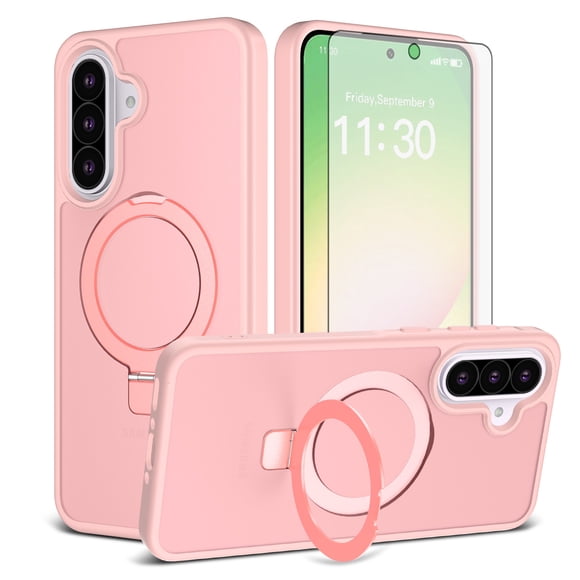 Asuwish Phone Case for Samsung Galaxy A36/A56 5G Tempered Glass Screen Protector Magnetic Folding Stand Frosted Translucent Rugged Shockproof Protective Cell Cover A 36 56 36A 56A LTE Women Men Pink