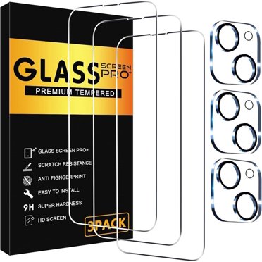 3 Pack Screen Protector for iPhone 15 with 3 Pack Camera Lens Protector, 6.1 Inch HD Clear 9H Hardness Tempered Glass Film, Scratch Resistent, Easy Installation, Bubbles Free