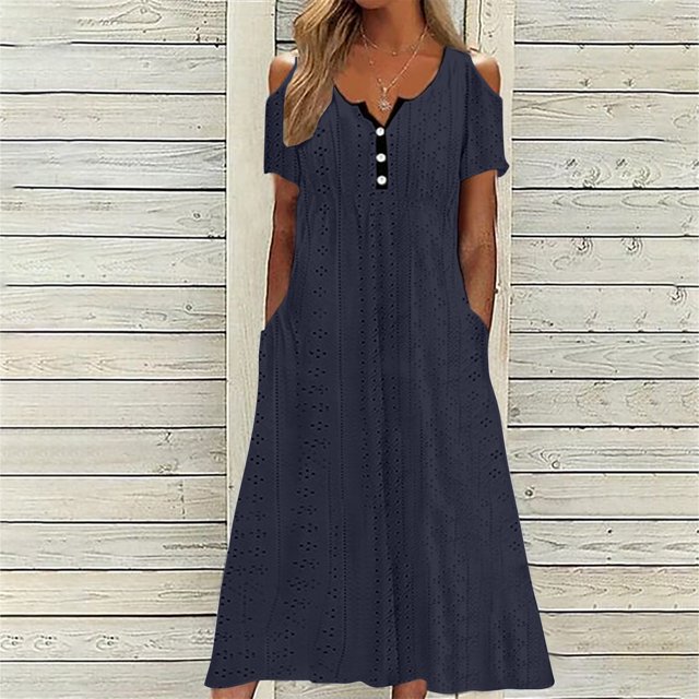 Pisexur Robe à Manches Courtes à Col Rond pour Femme Été Confort Mode Couleur Unie Bouton Ajouré Poche Robe à Manches Courtes à Col Rond Robe Femme