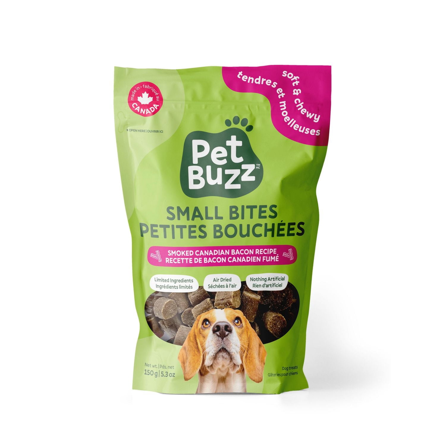 Pet Buzz Small Bites, All-Natural Soft & Chewy Dog Treats, Smoked Canadian Bacon Dog Treat Recipe, 150g Bag, Made in Canada