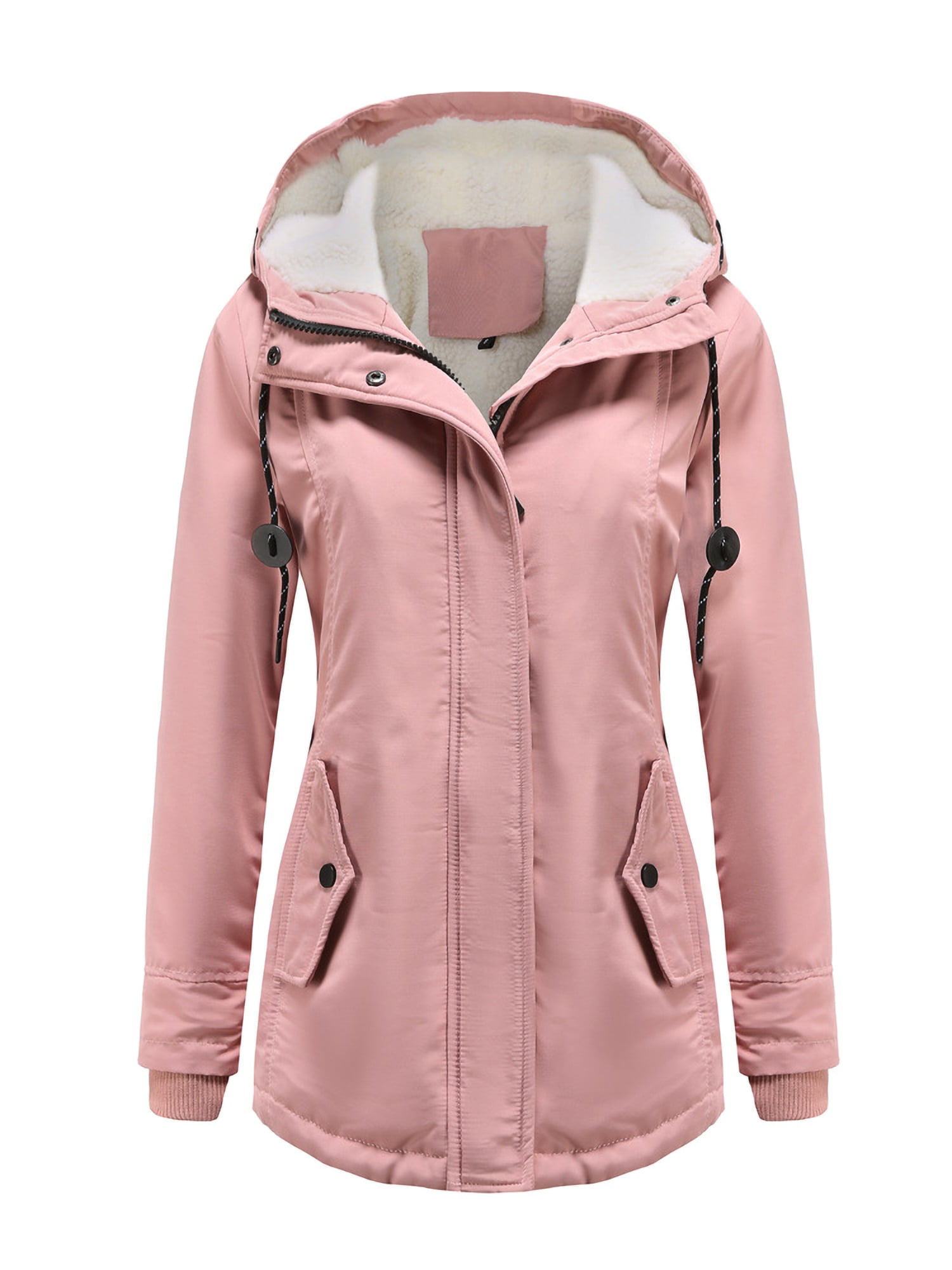 Innerwin Coat Hooded Ladies Outwear Drawstring Long Sleeve Buttons Jacket Pink XL
