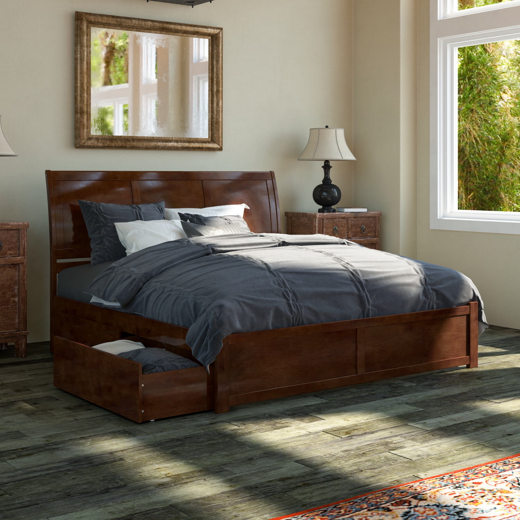 Portland Wood King Platform Bed with Footboard and Storage Drawers in Walnut