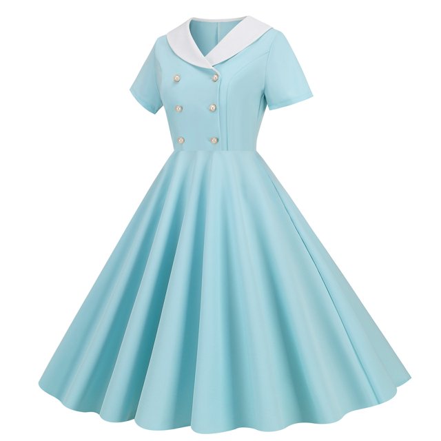 Robes pour Femmes 2025 Élégantes Élégantes Commerce Extérieur Col en V Manches Courtes Rétro Double Boutonnage Bouton Maxi Robe Bleue S