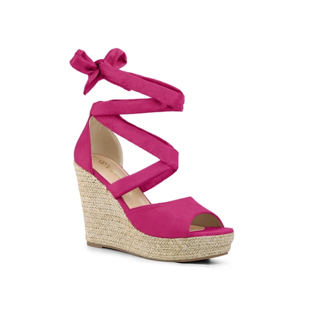 BLISSFUL STEP Chaussures pour Femmes Espadrilles à Lacets Sandales Compensées à Plateforme Rose Vif 7,5