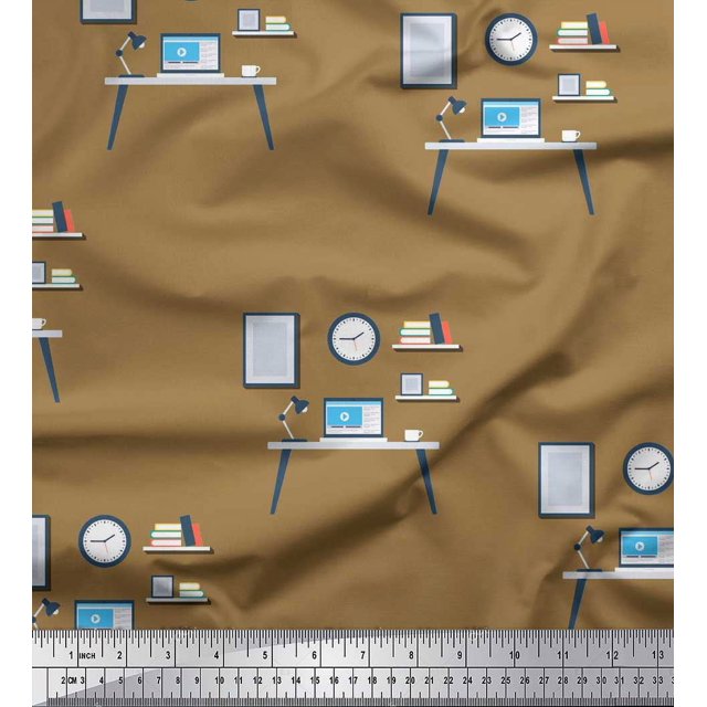 Soimoi Brown Rayon Crepe Fabric Monitor,Books & Study Table Education Theme Printed Craft Fabric by the Yard 46 Inch Wide