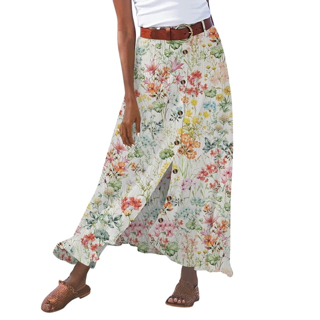 2025 Robe d'Été pour Femmes Unie et Robe d'Été pour Femmes Grande Taille en Lin Mi-Longue Fendue Robe Évasée Grande Taille Hanches Taille Mi-Haute