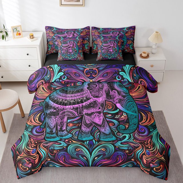 YST Elephant Comforter Set, African Animal Theme Bedding, King Size 7-Piece, Purple Gradient