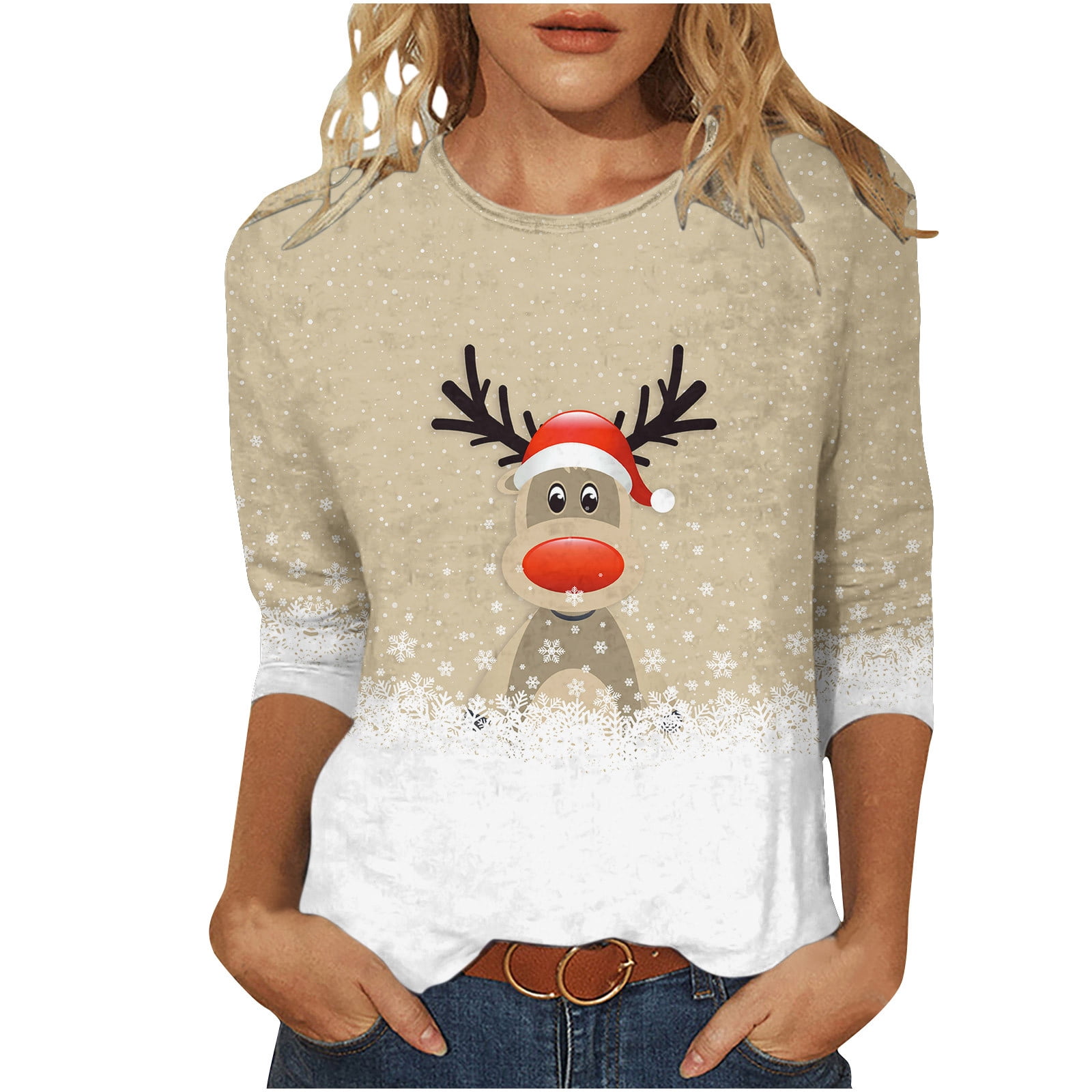Women's Round Neck Three Quarter Sleeve Christmas Printed Top