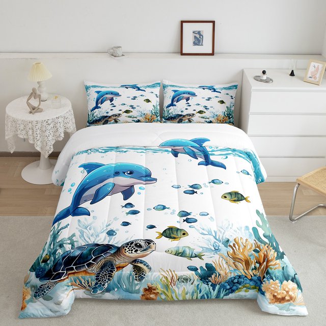 Erosebridal Blue Dolphin Bedding Full Comforter Set, Sea Turtle Down Comforter, Ocean Print Decor, Reversible 3 Pieces